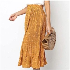 Exlura High Waist Yellow Polka Dot Pleated Midi Skirt with Pockets Size Small